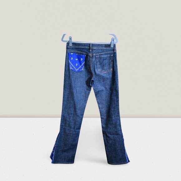 Dark Wash Jeans – Custom Flares with Blue Bandana Details - Picture 4 of 4